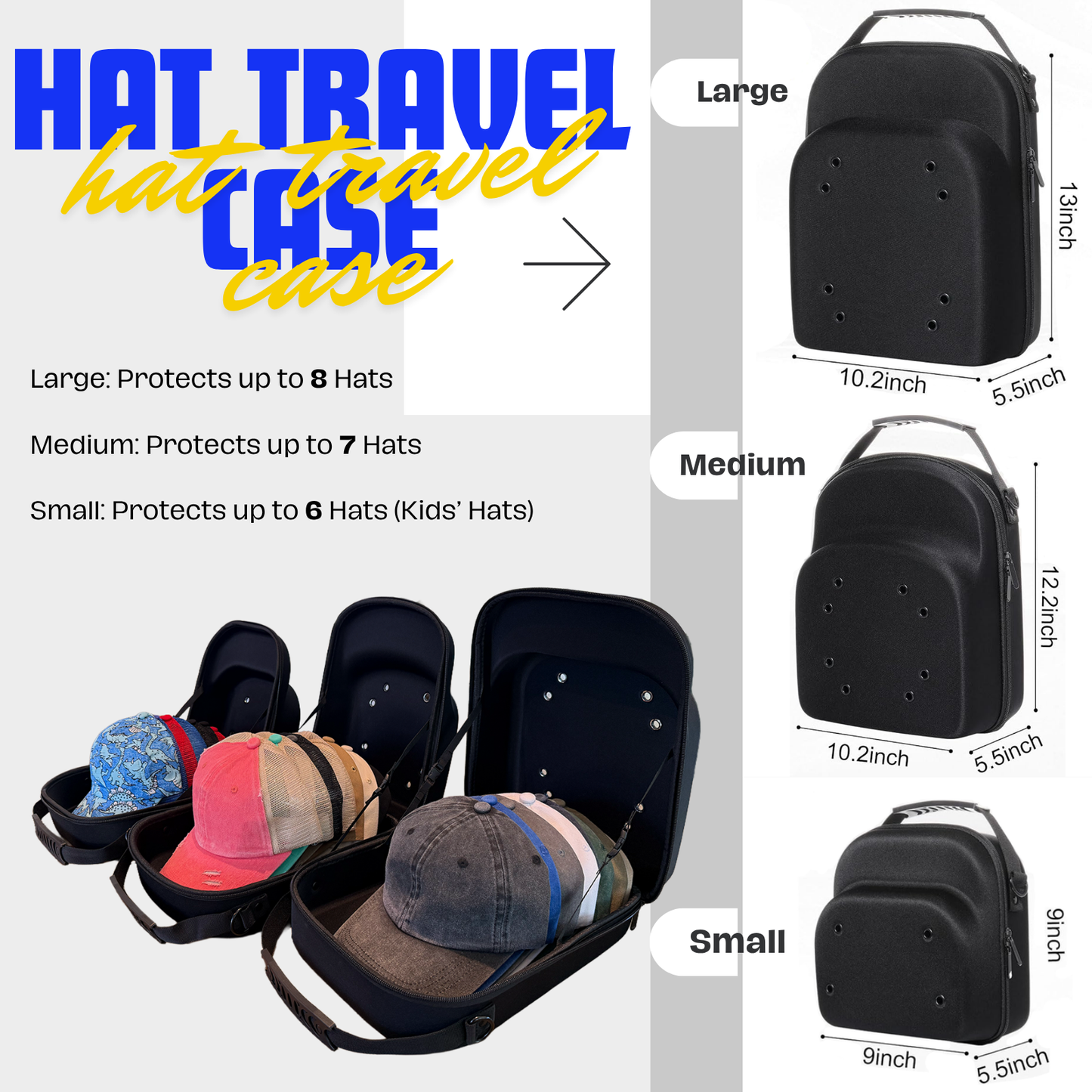 Set of 3 Travel Cases for Baseball Caps - Hard Hat Cases Hold Up to 21 Hats