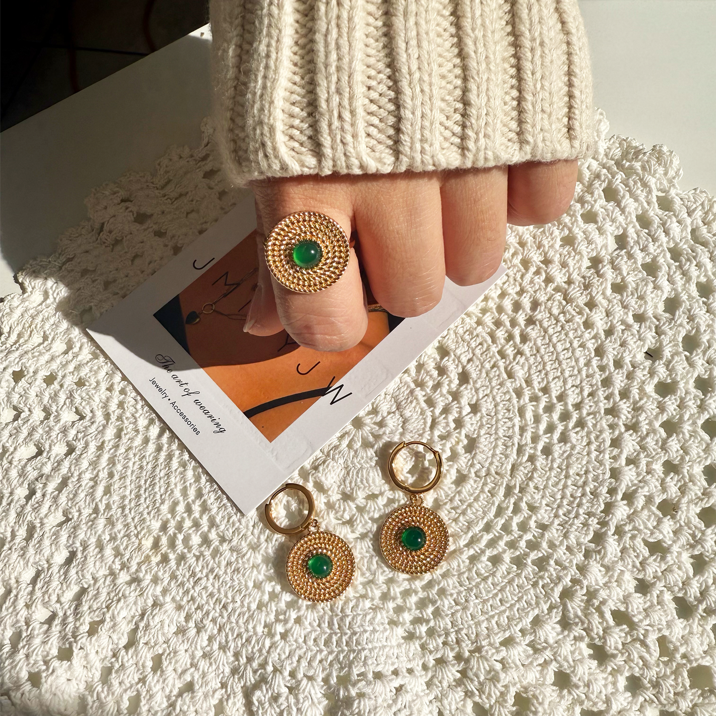 Vintage Emerald Circle Earrings & Ring
