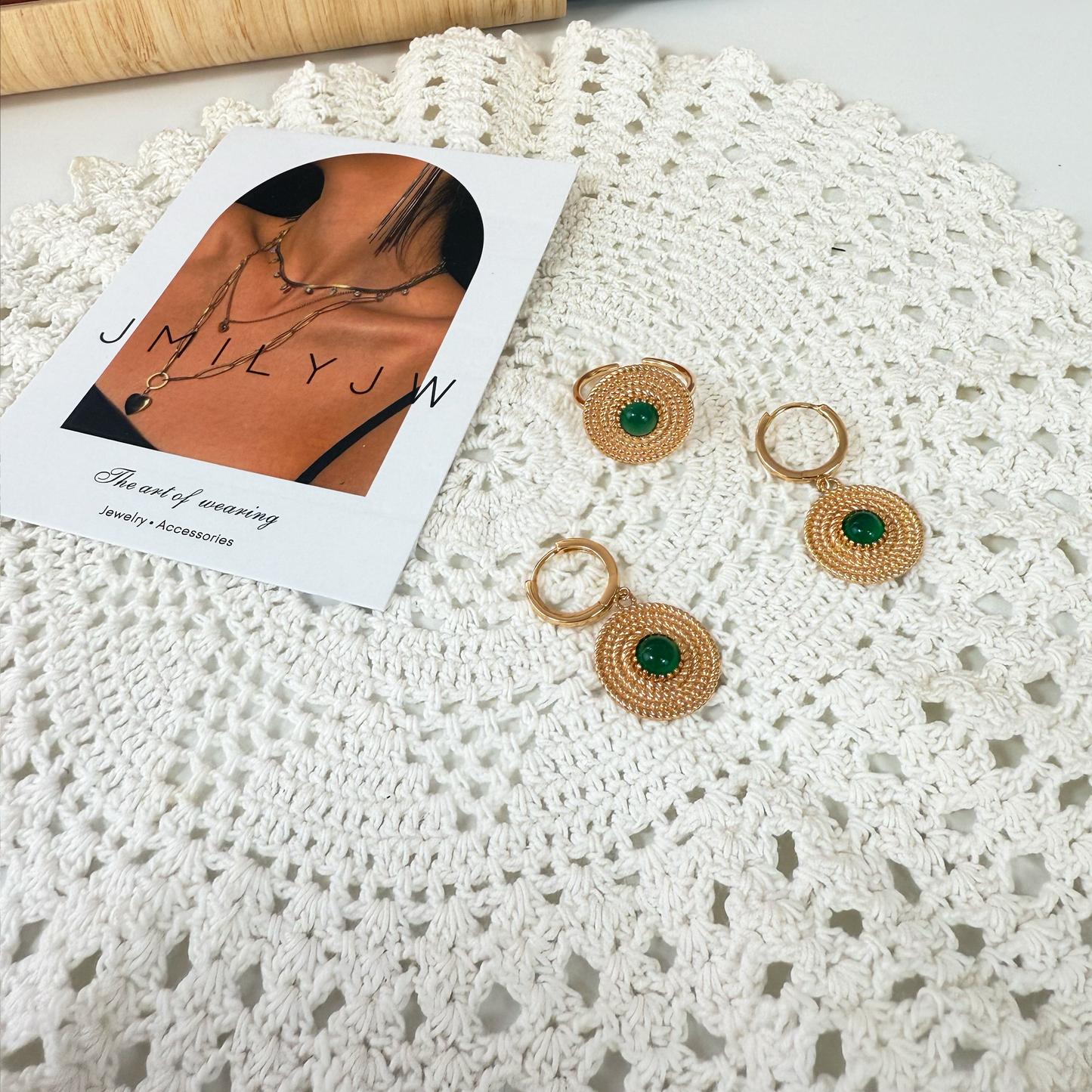 Vintage Emerald Circle Earrings & Ring
