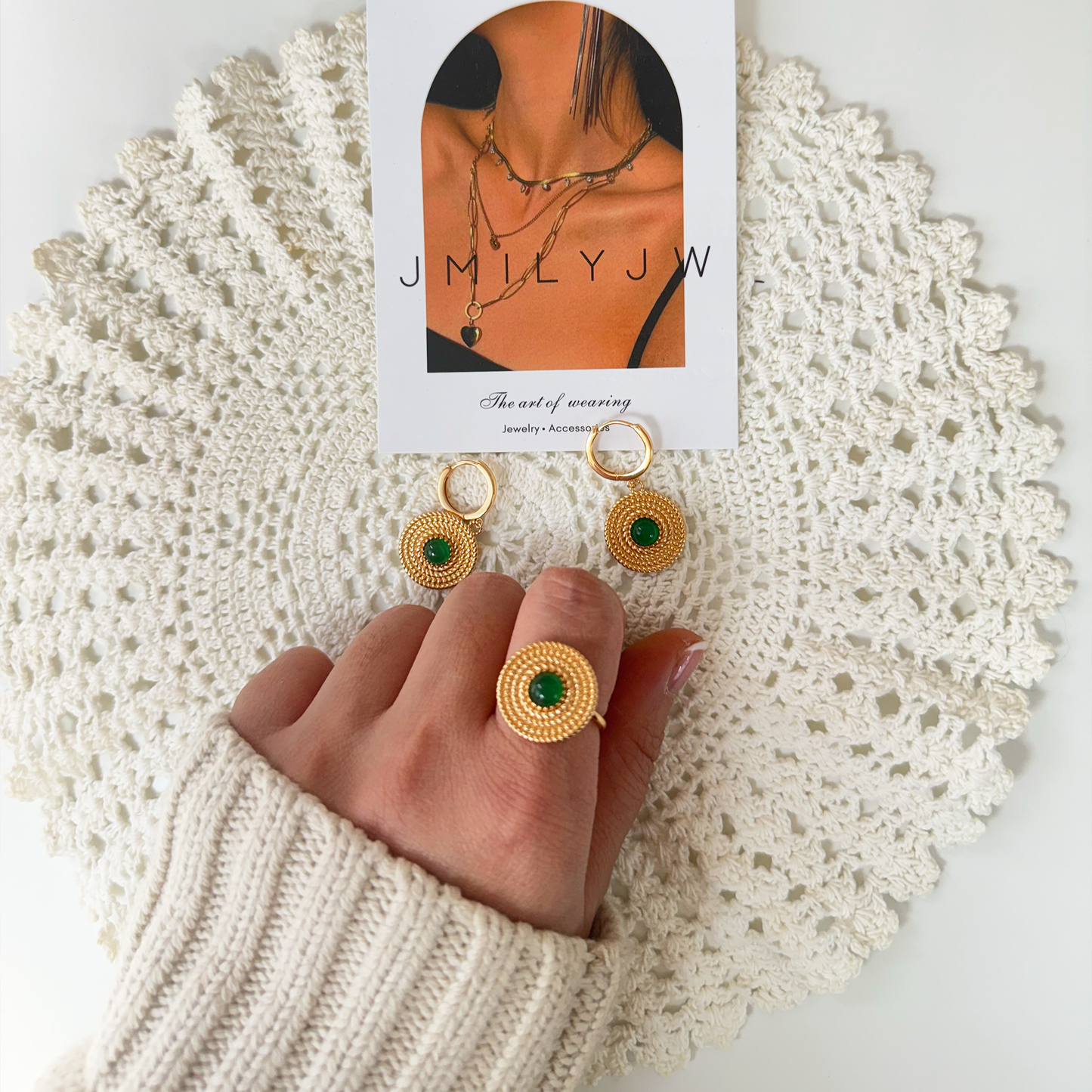 Vintage Emerald Circle Earrings & Ring